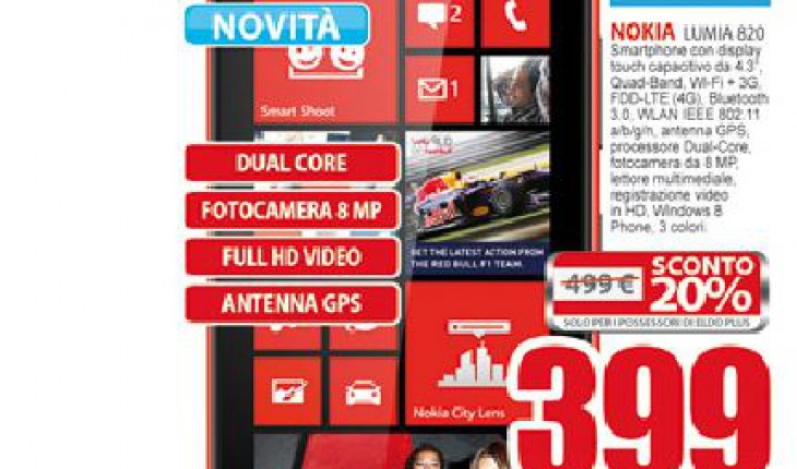 Nokia Lumia 820 a 399 Euro nei negozi Eldo ed Expert della regione Campania