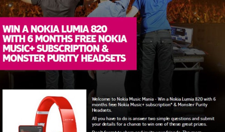 Nokia Music Mania Contest, partecipa e vinci un Lumia 820 con 6 mesi di Nokia Musica+ e le cuffie Monster Purity!