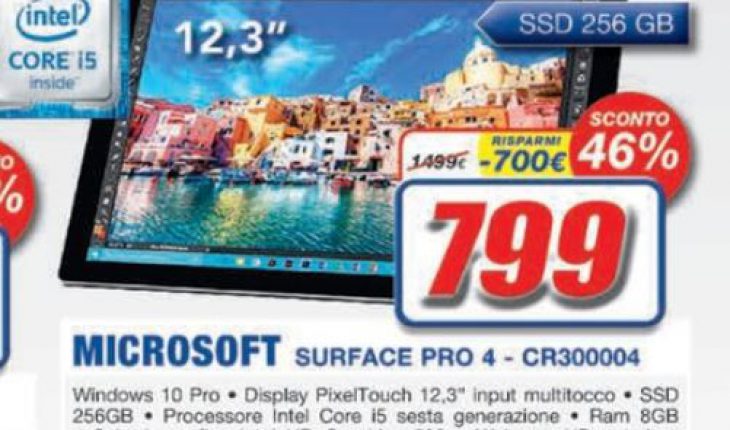 Offerta Euronics Nova (Roma): Surface Pro 4 con Intel Core i5, SSD da 256 GB e 8 GB RAM a soli 799 Euro